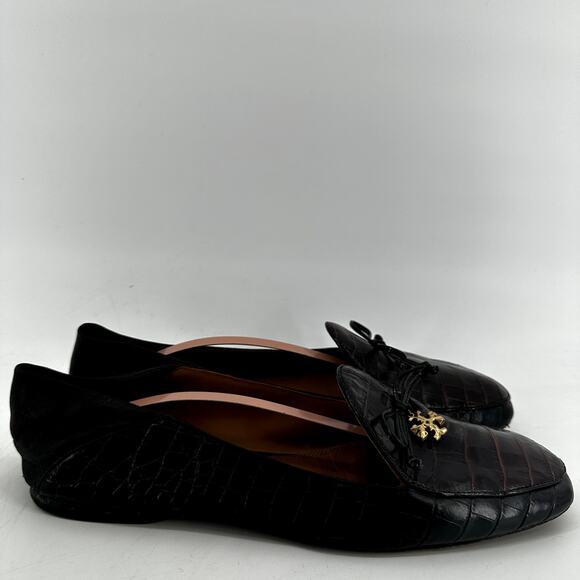 Tory Burch Charm Loafers Leather Collapsible Back Matte Croc Emboss Black 10 - Picture 3 of 8